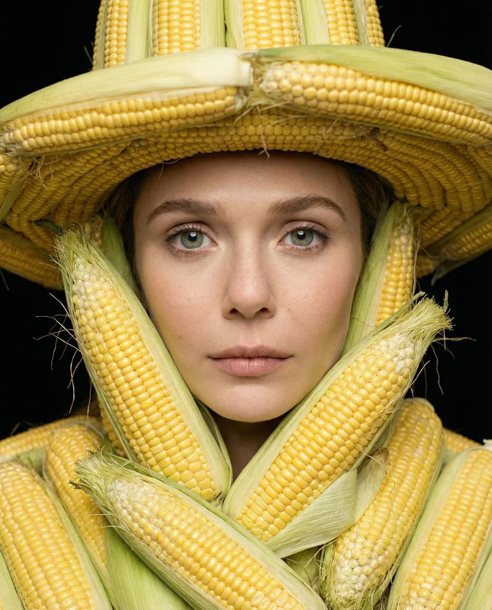 Surreal Elegance: Macro Portrait of Corn-Kernel Haute Couture