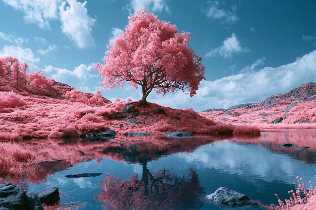 Surreal infrared dreamscape with glowing water and distorted foliage