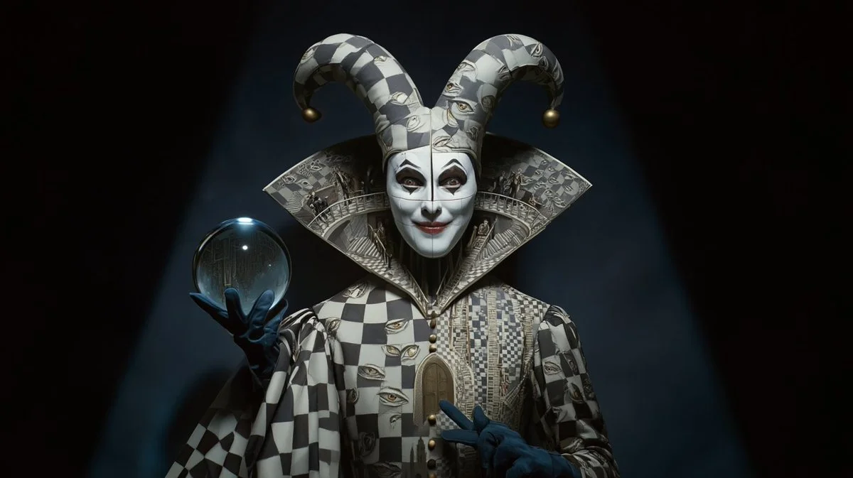 Surreal Jester Portrait: A Living Stage of Illusions and Symbols