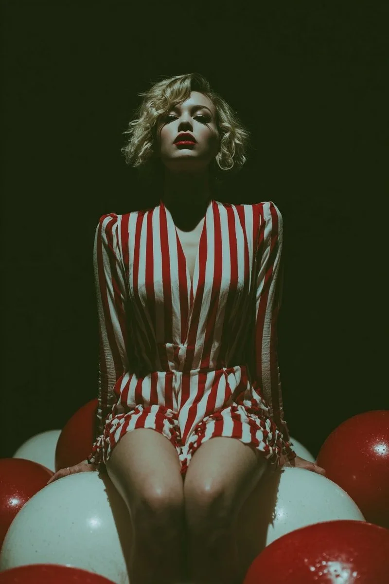 Surreal Pin-Up Elegance Amid Inflatable Red Balloons