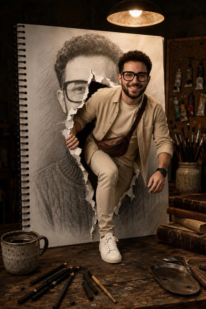 Surreal portrait of a man climbing from his own pencil drawing alive