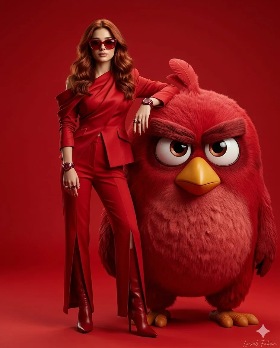 Surreal Red Monochrome: High-Fashion Portrait with Giant Stylized Bird