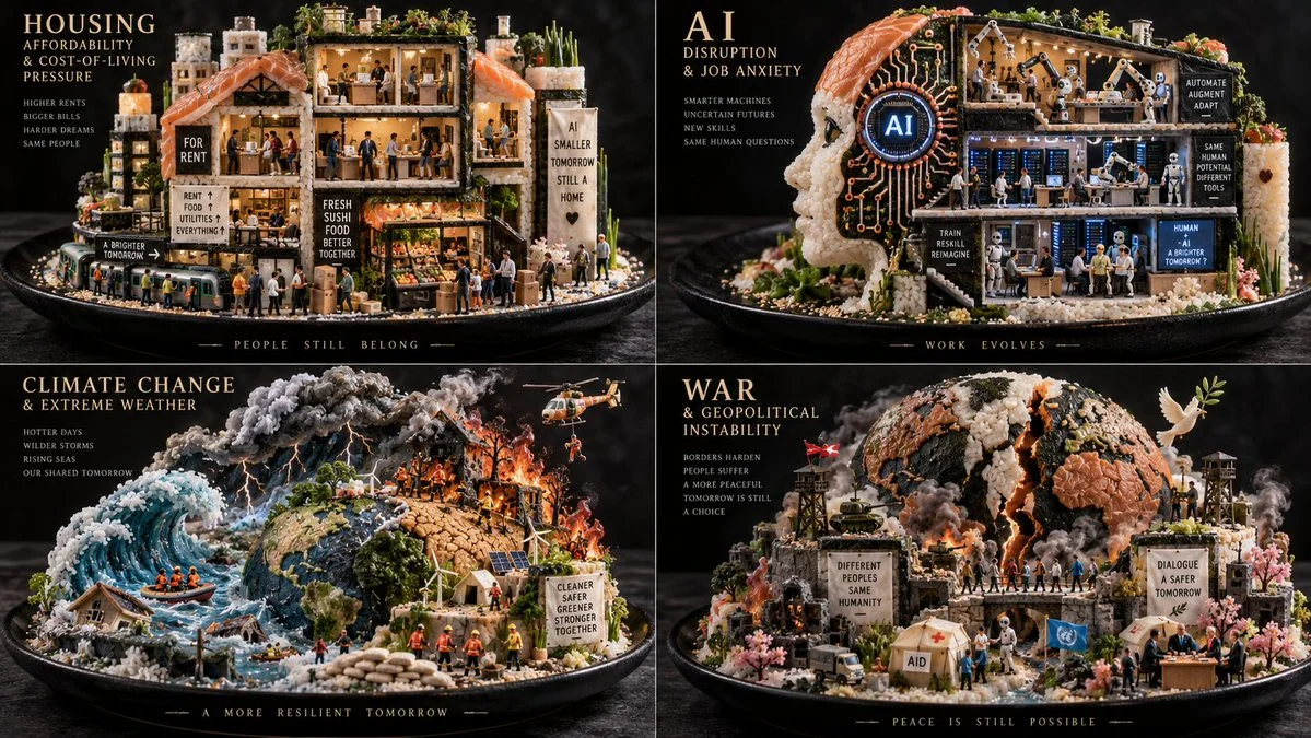 Sushi rice diorama reveals four modern anxieties on black plate