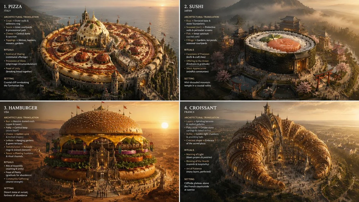 Sushi rolls rise as sacred pagodas in a misty jungle