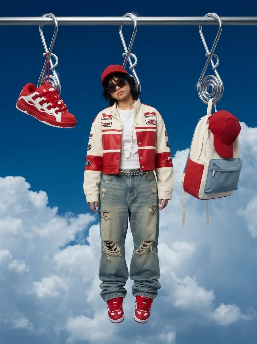 Suspended Model in Racing Jacket Dangles Among Cumulus Clouds