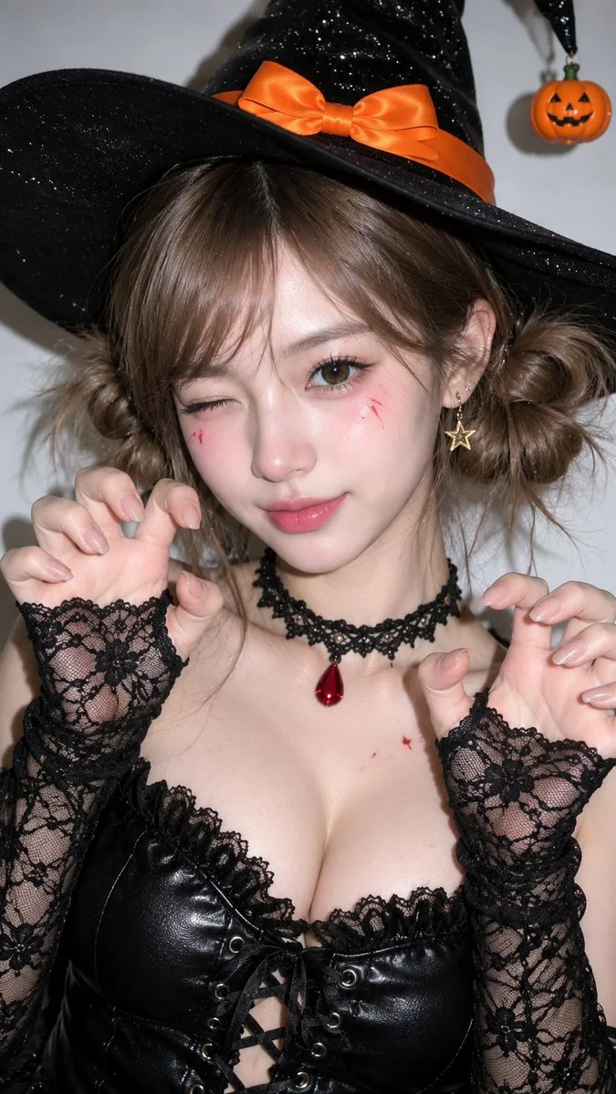Sweet Goth Witch Poses with Playful Cat Paws in Studio Flash Portrait