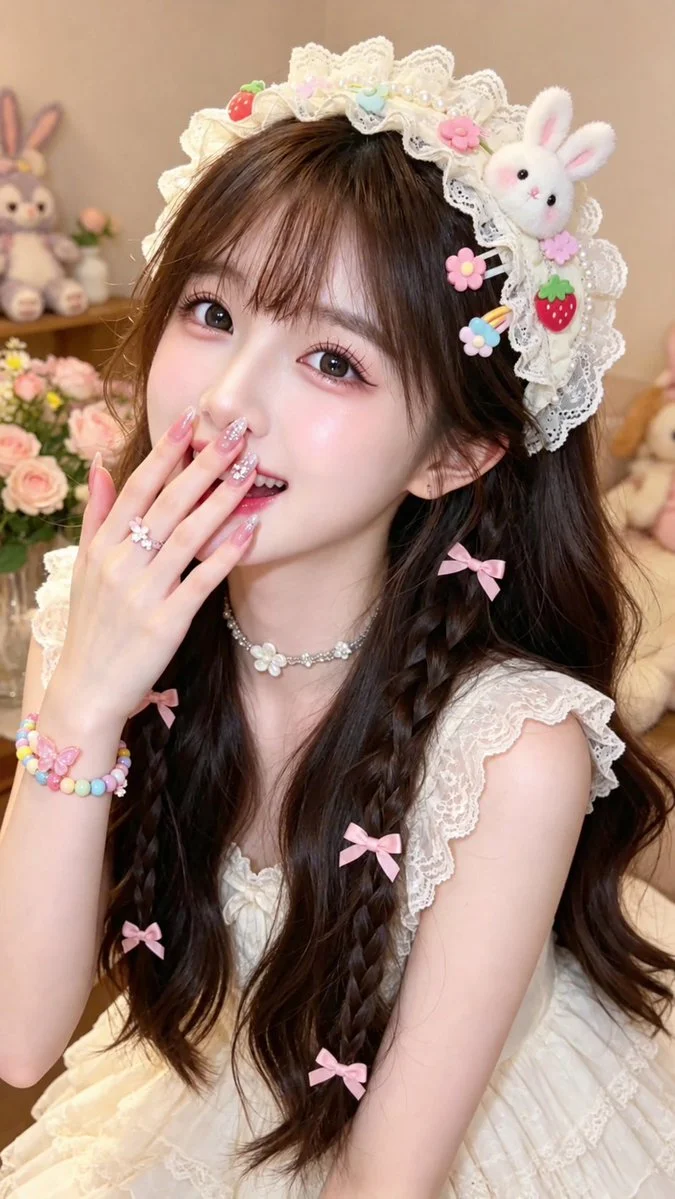 Sweet Lolita Girl with Hand Near Lips in Cream Room