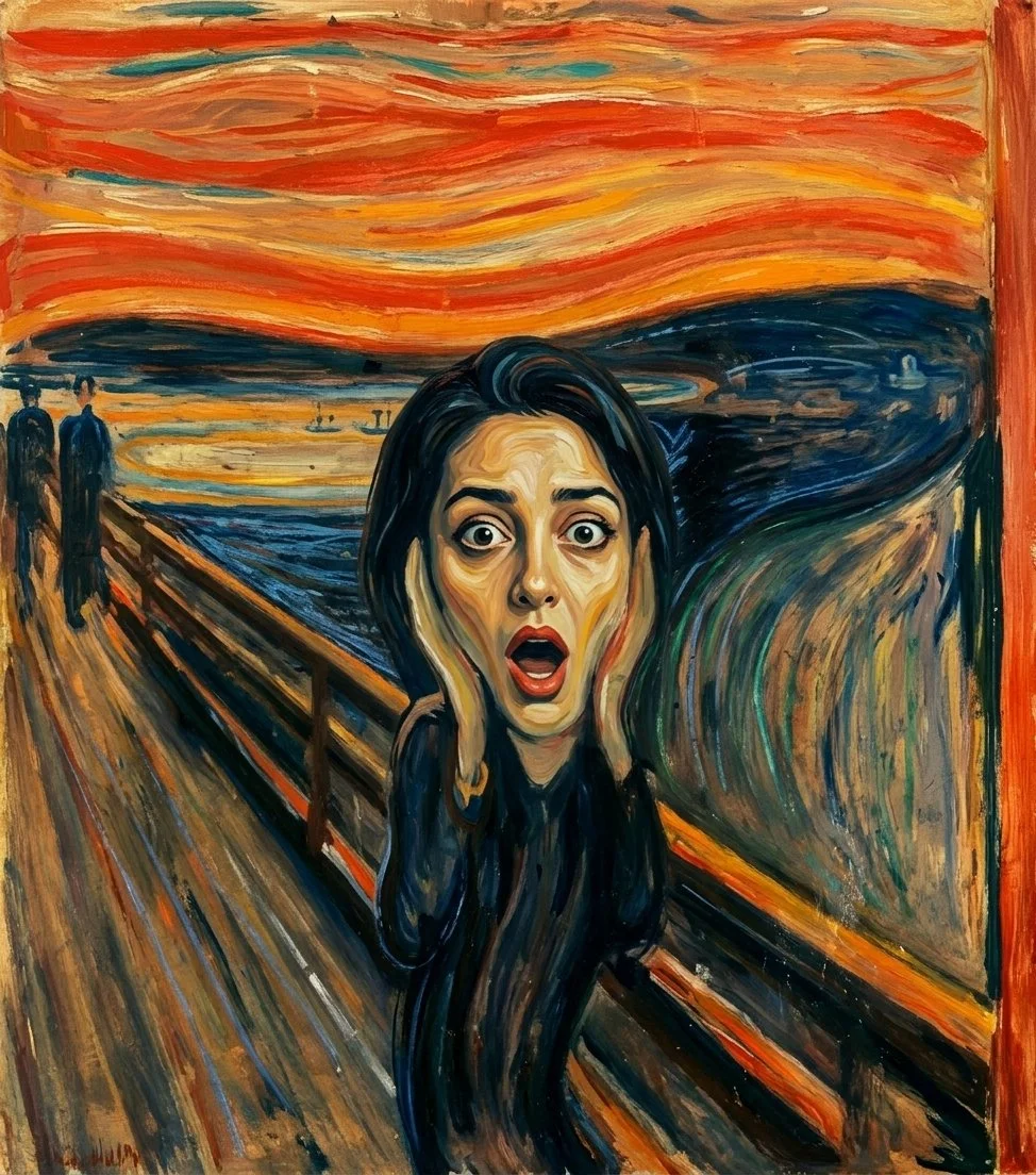 Swirling orange and blue tones frame a familiar face on the bridge