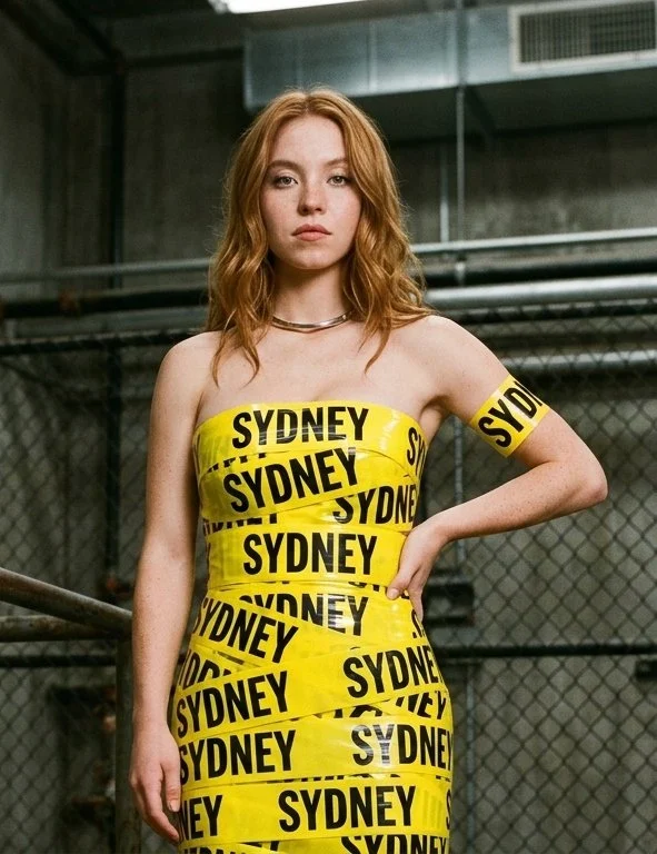 Sydney Sweeney in Bold Yellow Tape Dress Amid Industrial Backdrop