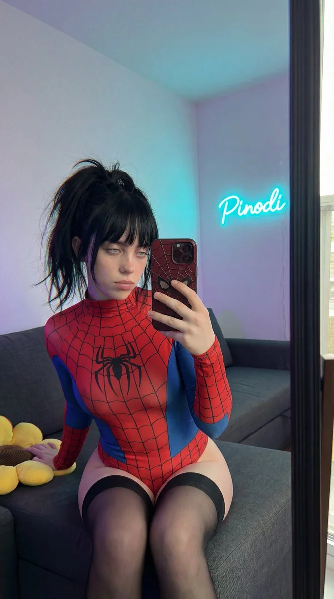 Sydney Sweeney Inspired Mirror Selfie in Spiderman Bodysuit