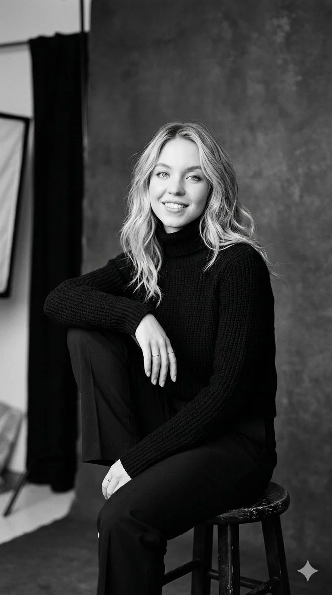 Sydney Sweeney poses elegantly in a black and white studio portrait.