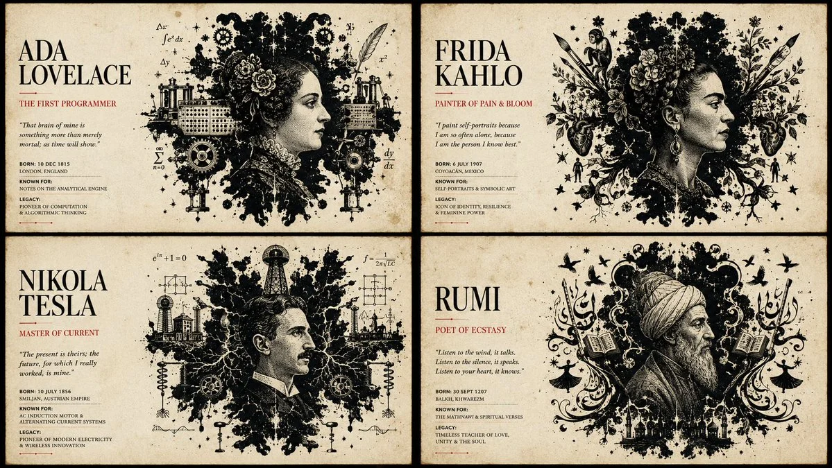 Symmetrical inkblot portrait merges with vintage paper texture