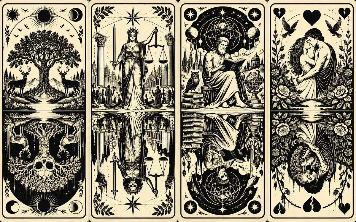 Symmetrical woodcut splits light and dark divine realms.