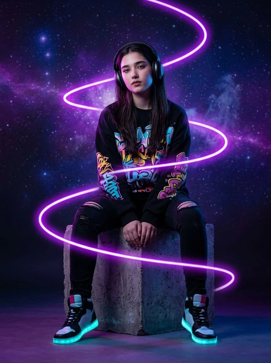 Synthwave Muse: Neon Spirals and Urban Edge