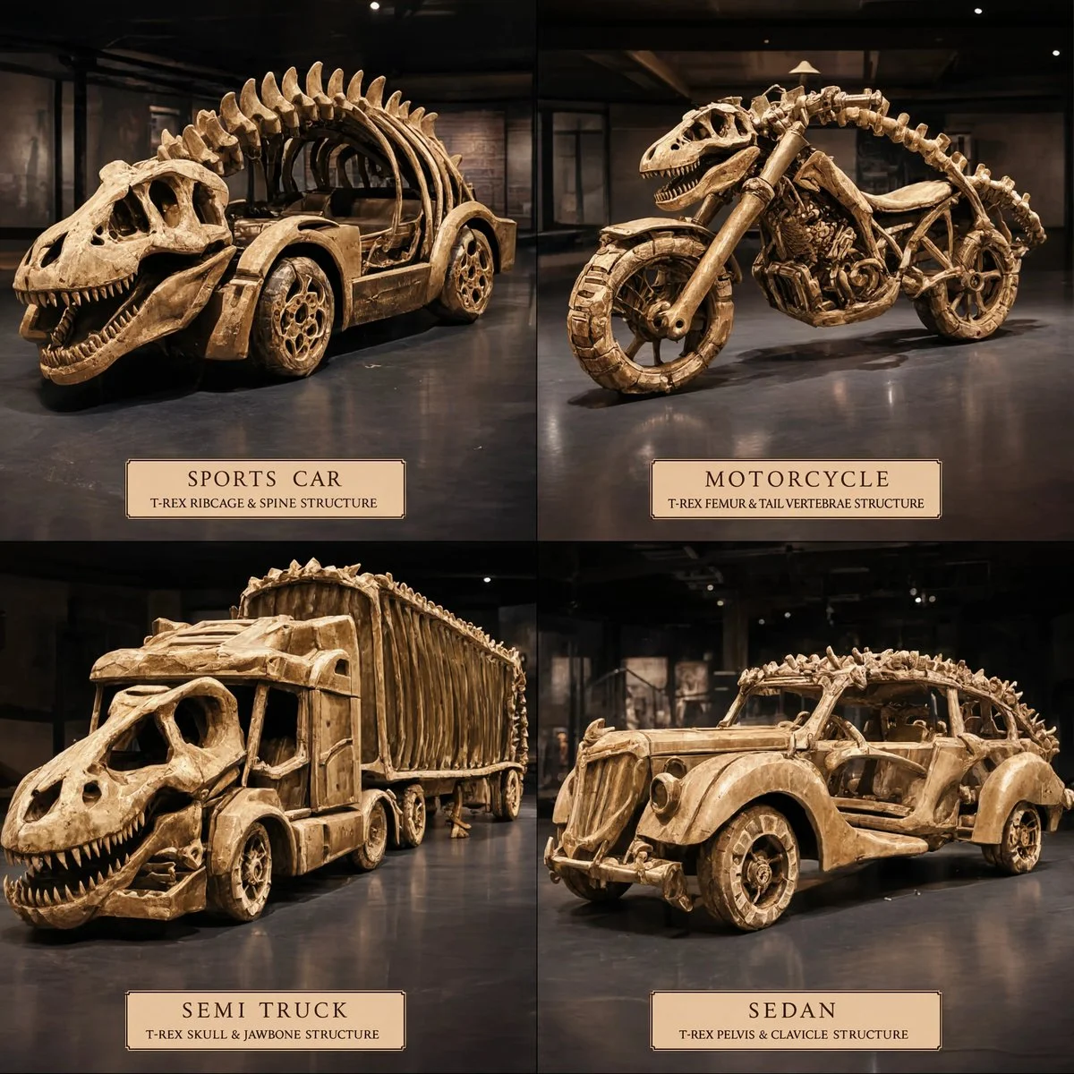 T-Rex fossil bones form a sports car chassis in museum light