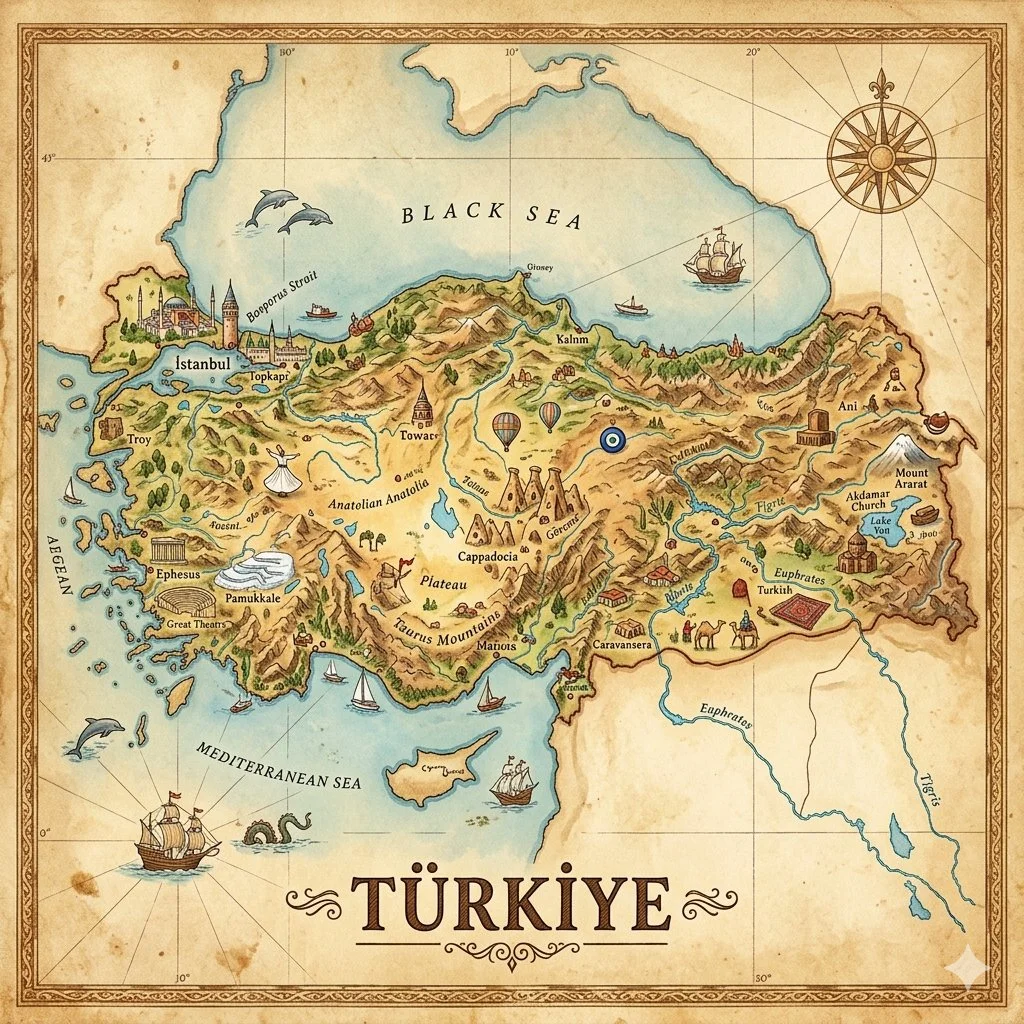 Türkiye in Vintage Map Style with Iconic Landmarks