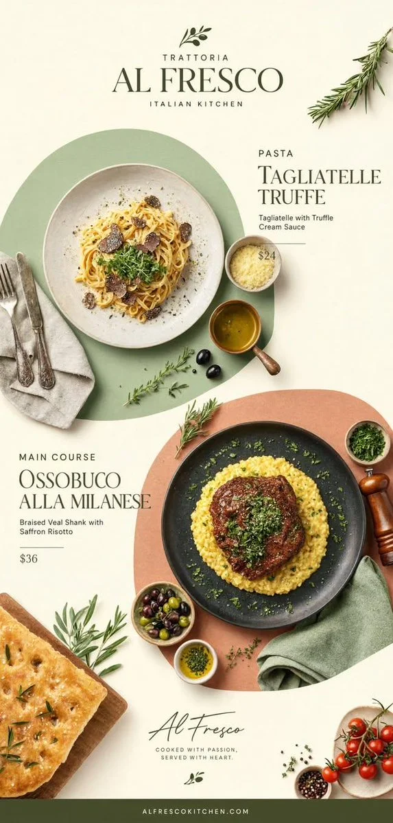 Tagliatelle and ossobuco sit elegantly in a pastel Italian poster.