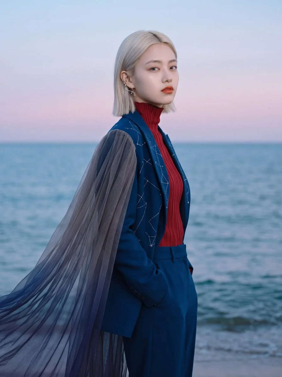 Tailored Marine Suit Meets Flowing Tulle on Coastal Horizon