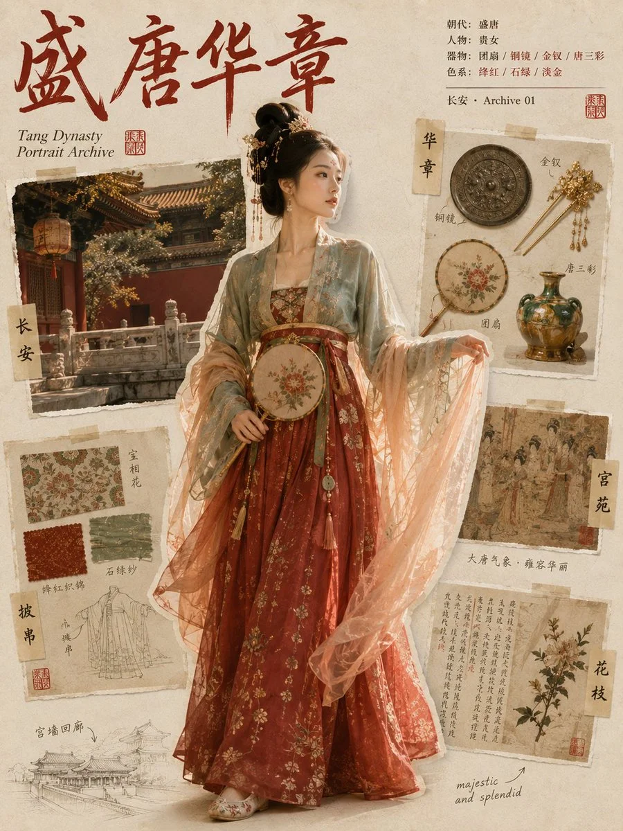 Tang Dynasty elegance captured in a fan, mirror, and ceramic figurine
