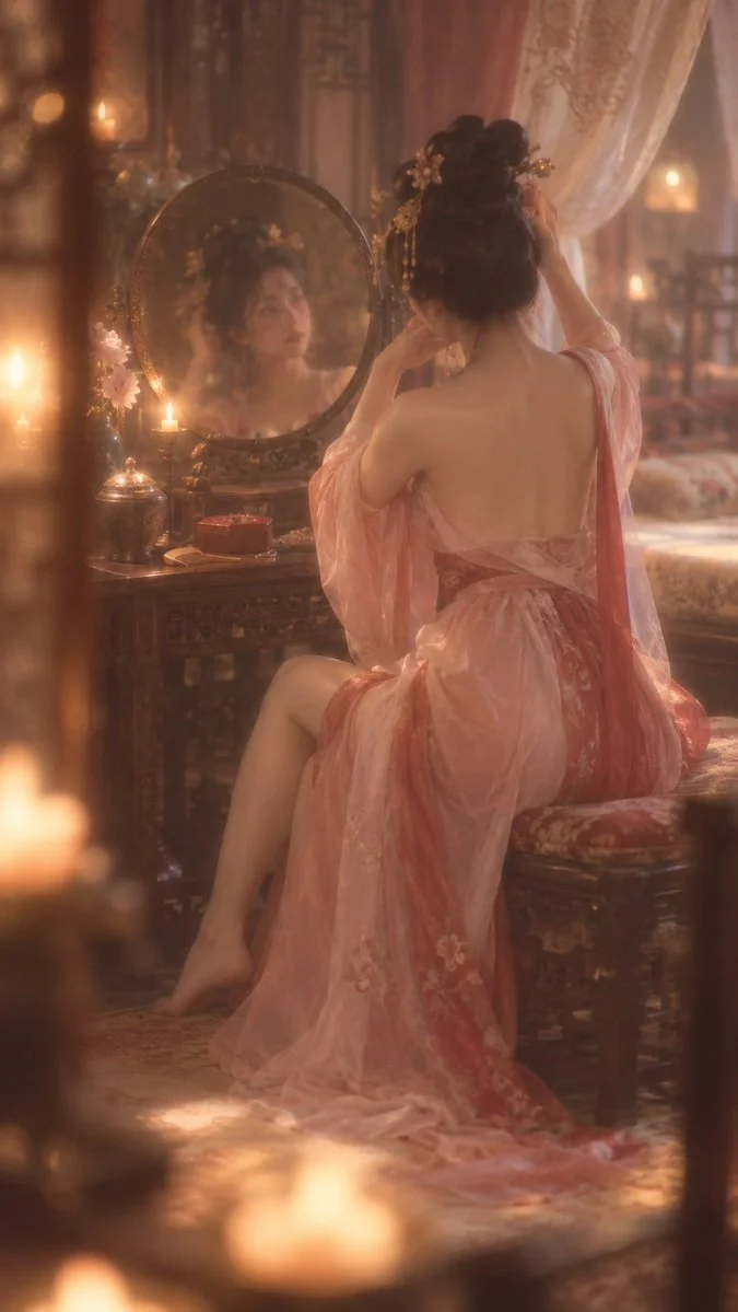 Tang Dynasty Woman Adjusts Hair Before Bronze Mirror in Candlelit Boudoir