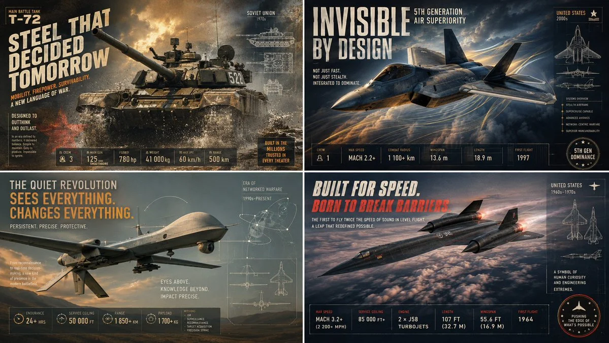 Tanks, planes, and drones showcased in a sleek 2x2 grid