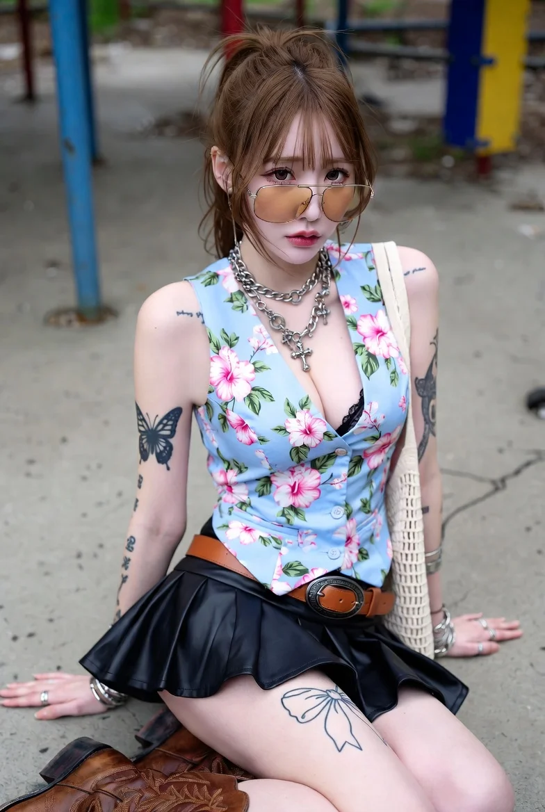 Tattooed beauty with western style sits in urban decay