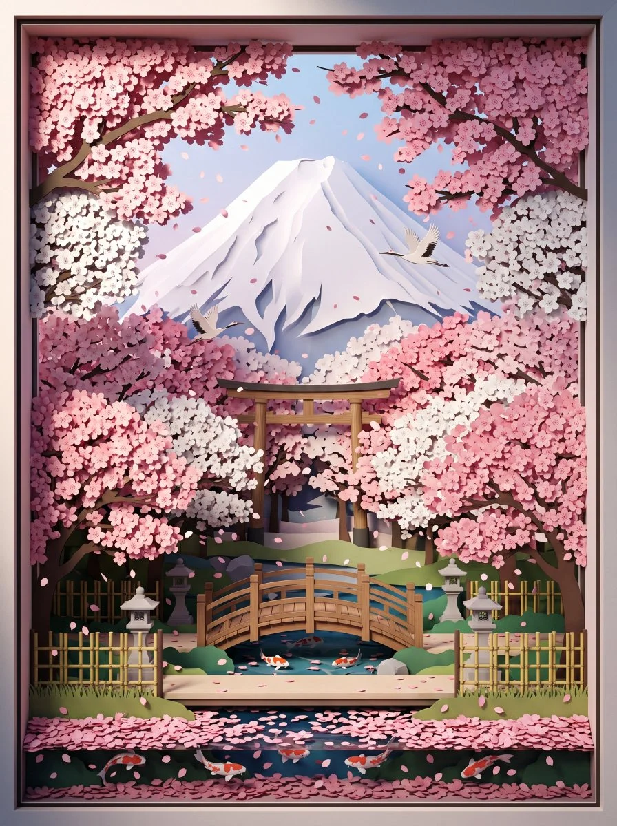 Technical Marvel: 3D Paper Art of Mount Fuji and Sakura
