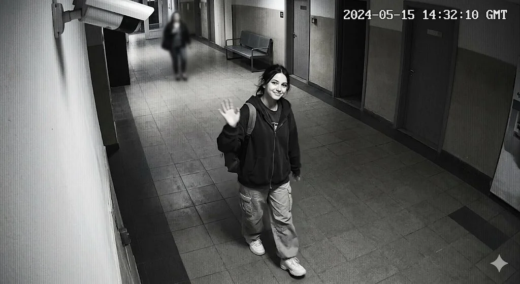 Teenage girl smiles and waves at a security camera in a hallway