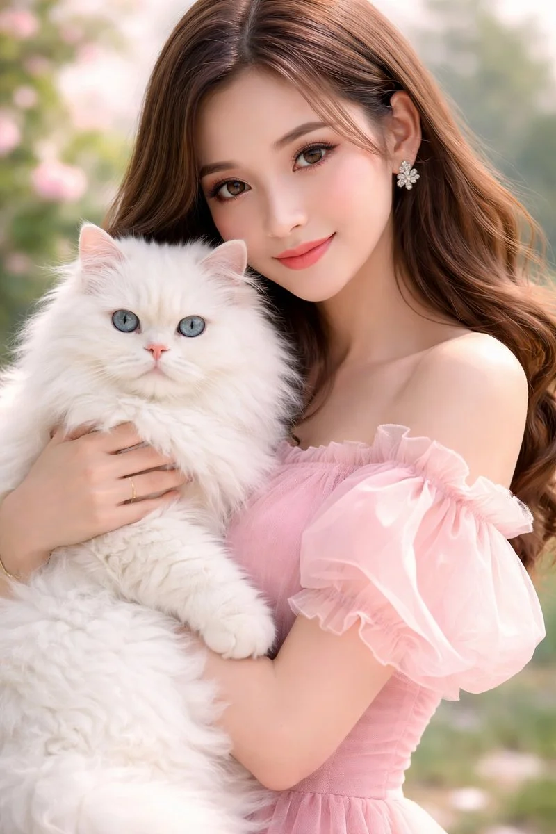 Tender Connection in Soft Pastels: Woman and Persian Cat