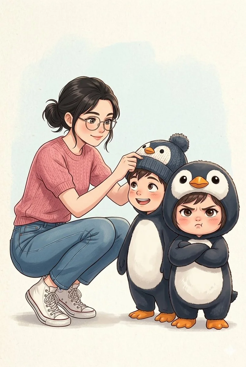 Tender Moments: Playful Penguin Beanie and Grumpy Costume Contrast