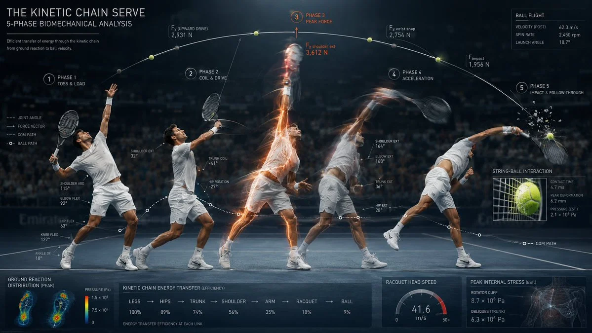 Tennis serve phases blur across a curved stroboscopic trajectory