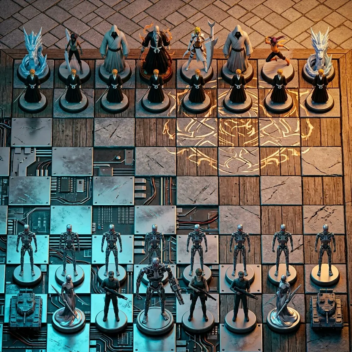 Terminator vs Bleach: A Futuristic Chessboard Battle in Diagonal Terrain