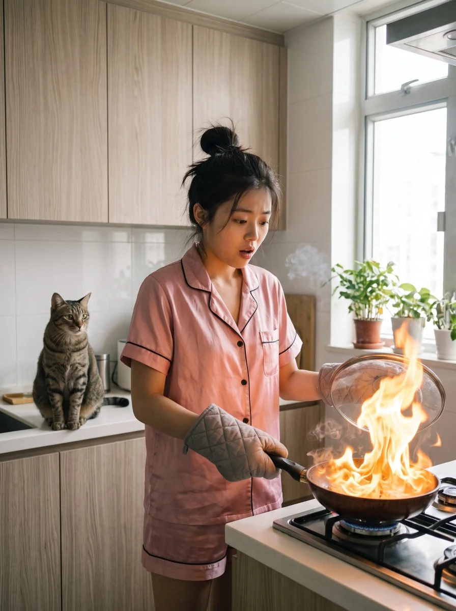Terrified Cook in Pink Pajamas Faces Kitchen Fire with Cat