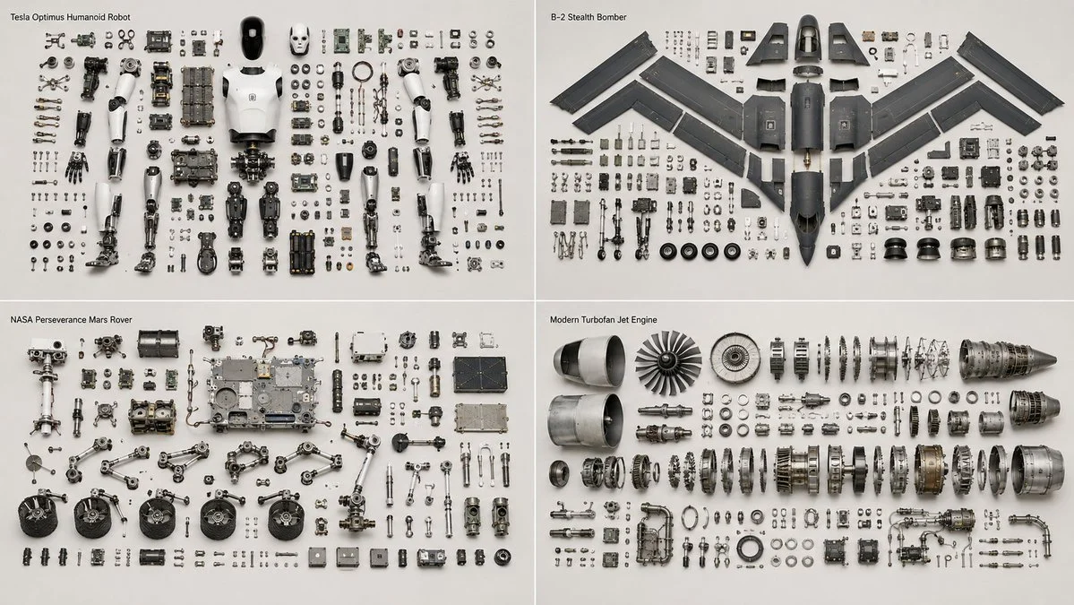 Tesla Optimus robot disassembled into sixty precise components flat-lay