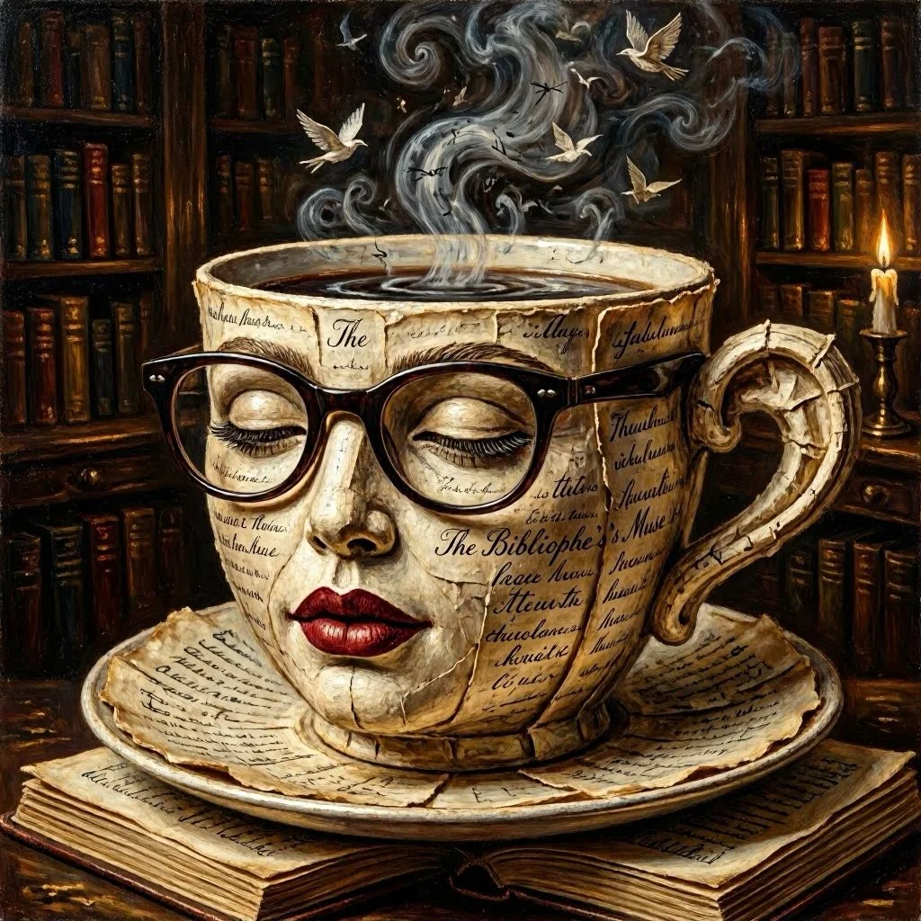 The Bibliophile’s Muse: A Surreal Paper Teacup in Victorian Shadows