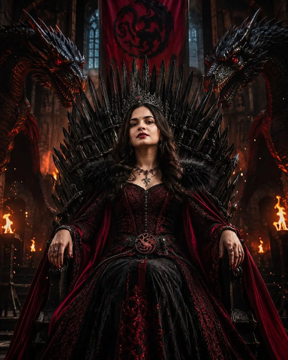 The crimson-clad queen commands her dragons from the iron throne