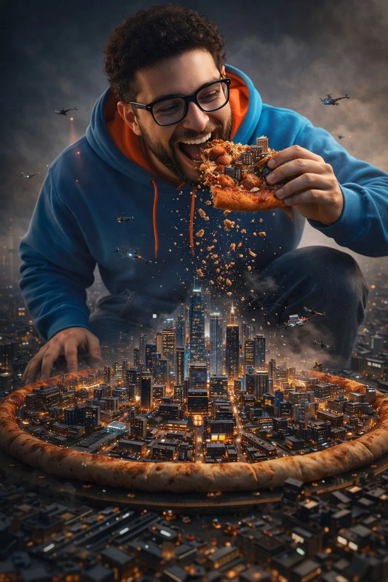 The Giant's Pizza City: A Surreal Urban Feast