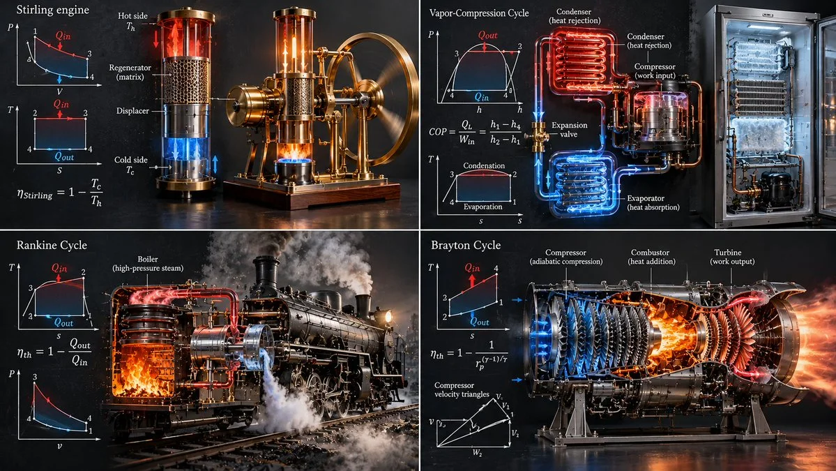 Thermodynamic cycles leap from chalkboard to roaring machines in four panels