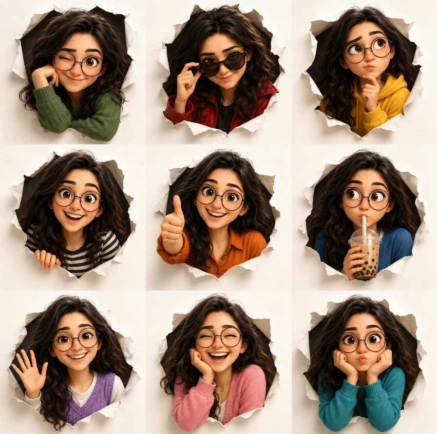 This 3D character sheet presents nine playful expressions