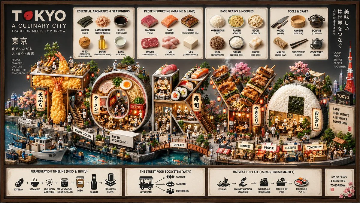 This food city poster blends native script with culinary landmarks