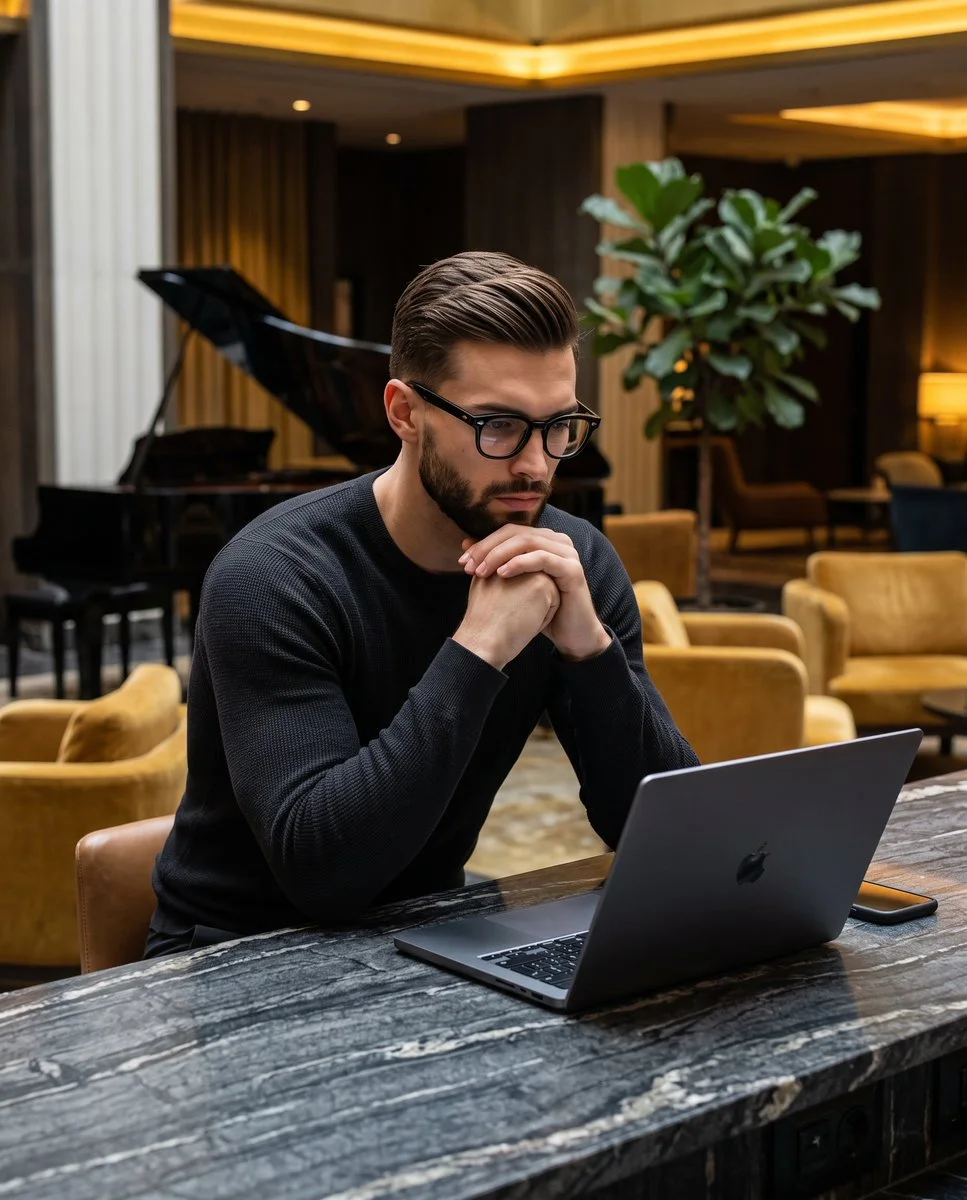 Thoughtful Man in Glasses Pauses Before Laptop at Dark Stone Counter