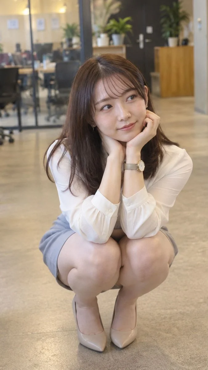 Thoughtful office worker squats on floor looking up with gentle smile
