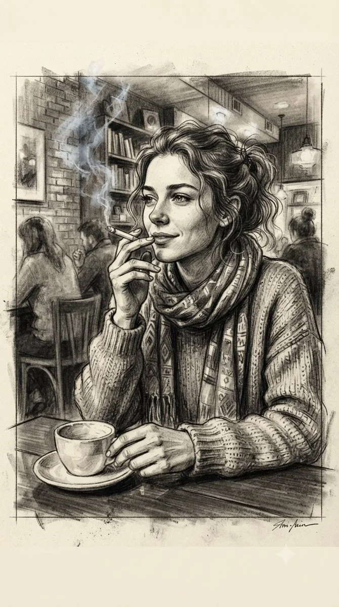 Thoughtful woman holds a cigarette in a moody charcoal drawing