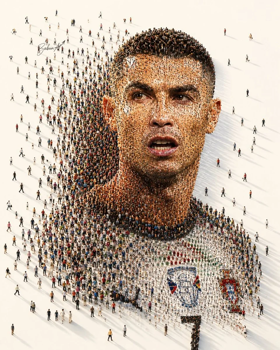 Thousands of tiny people form a legendary footballer portrait