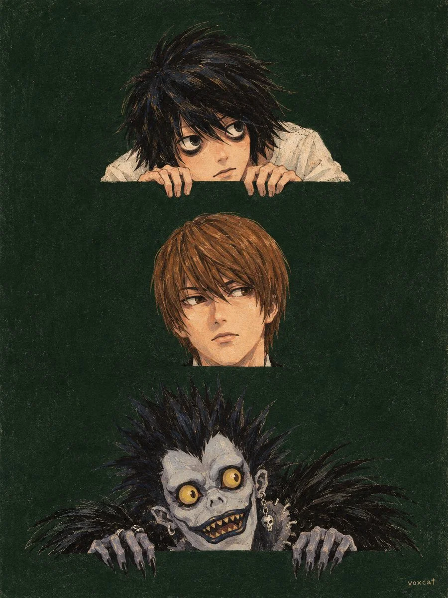 Three anime heads peek from a retro children's book cover