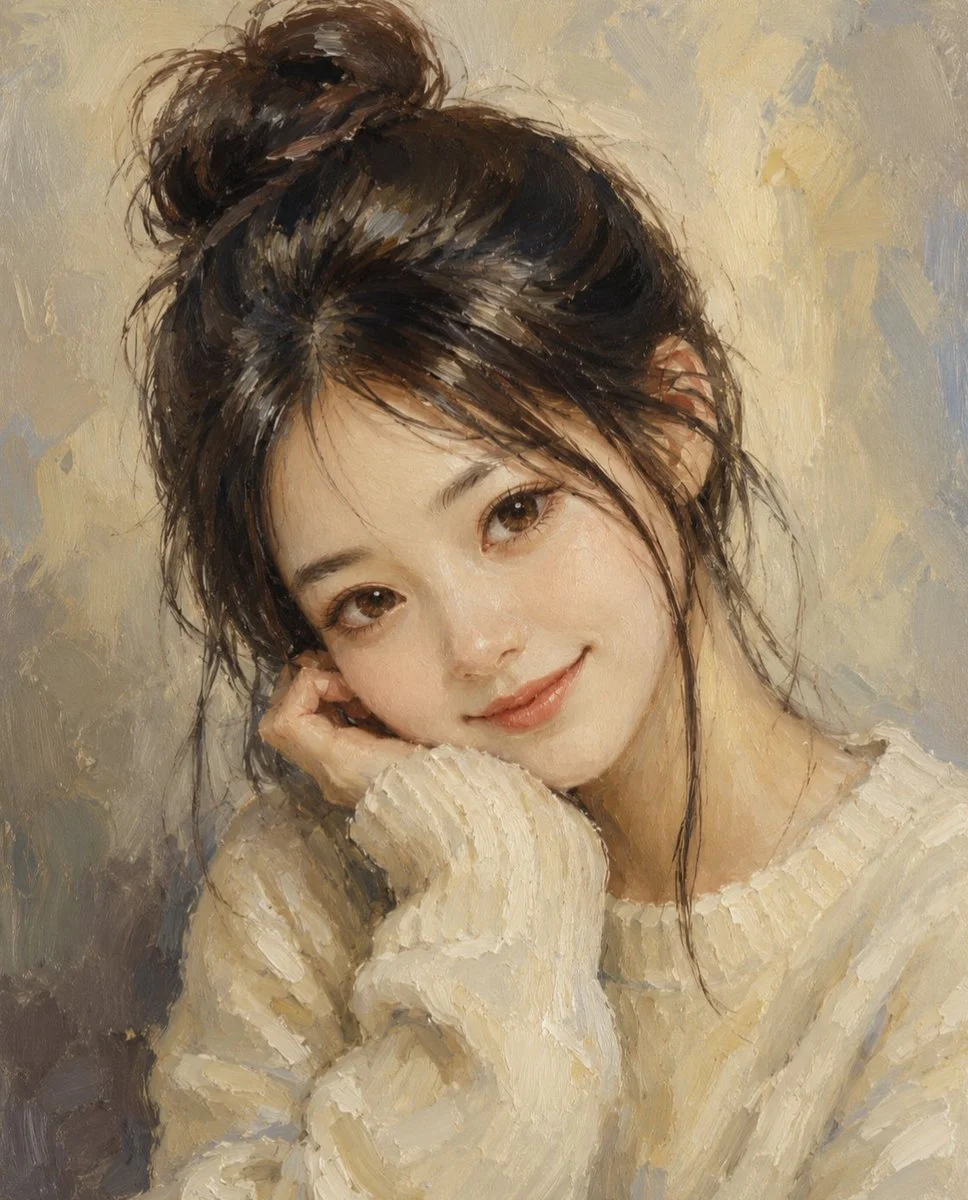 Three artistic mediums capture one woman's gentle smile