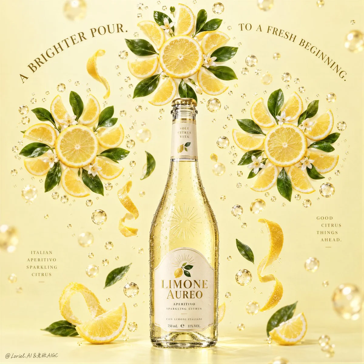Three citrus rosettes float above a centered bottle in soft light