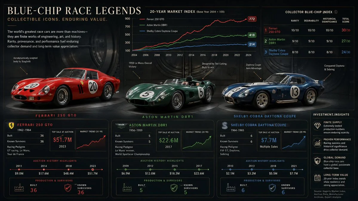 Three classic race cars line up in a bank vault studio