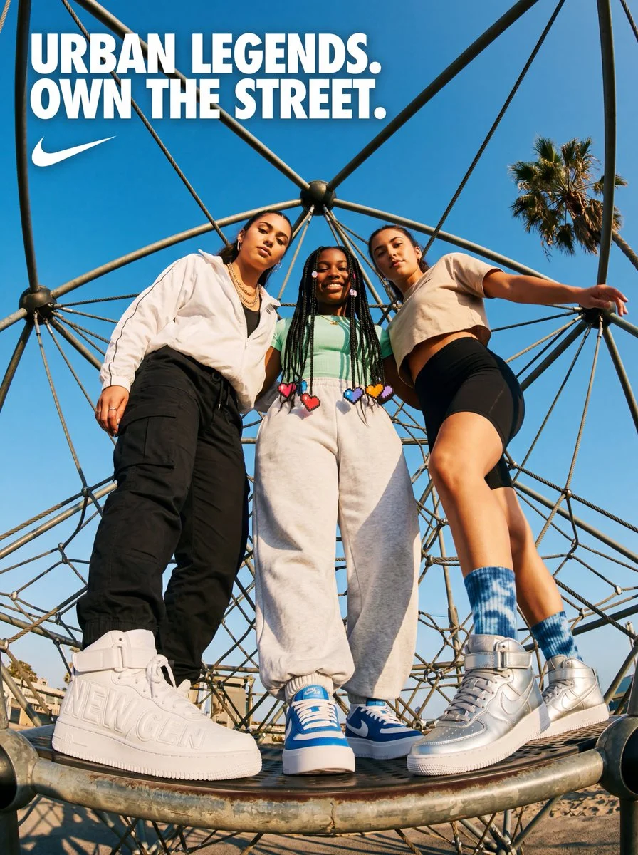Three confident women pose on a geodesic dome under blue sky.