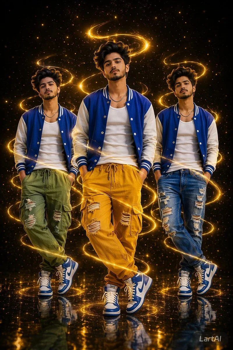 Three identical clones stride forward in a cosmic streetwear scene